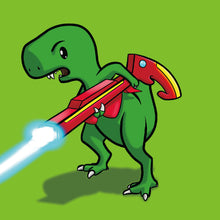 Cute cartoon of Agent Rex fiercely firing his blaster at some unsuspecting spider out of view to protect any children that may be watching