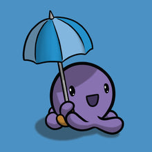 Cute cartoon of Gerald with his blue umbrella, looking delighted at the rainy weather
