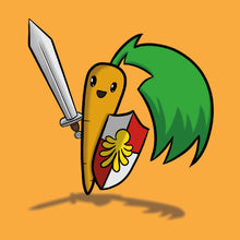 Cute cartoon image of Trevor the Carrot knight, happily brandishing his sword and shield