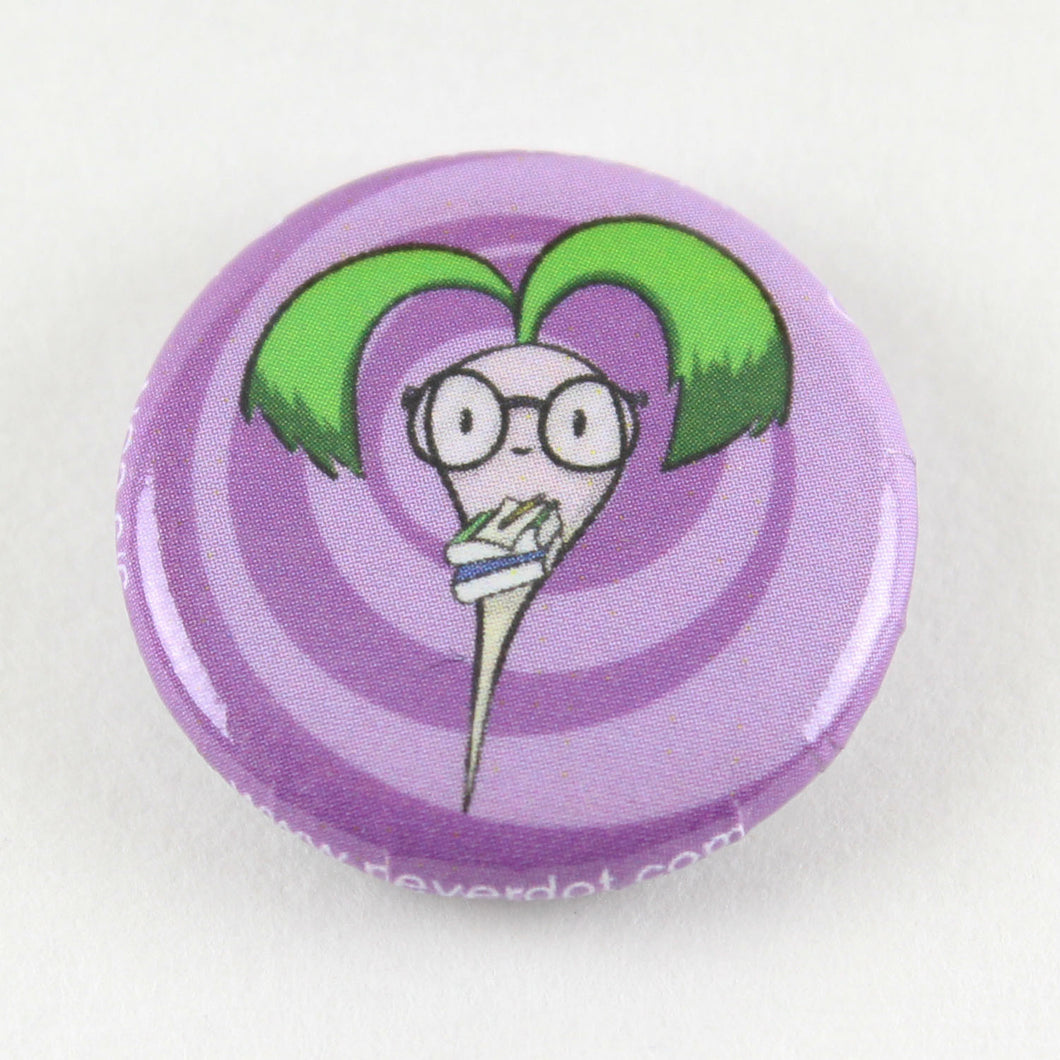 Magnet button with a studious turnip holding a stack of heavy textbooks and pencils, ready to take on excessive amounts of gifted program assignments