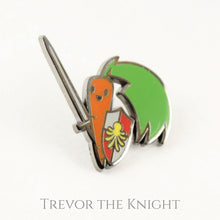 Featured product shot of carrot with a sword and shield enamel pin